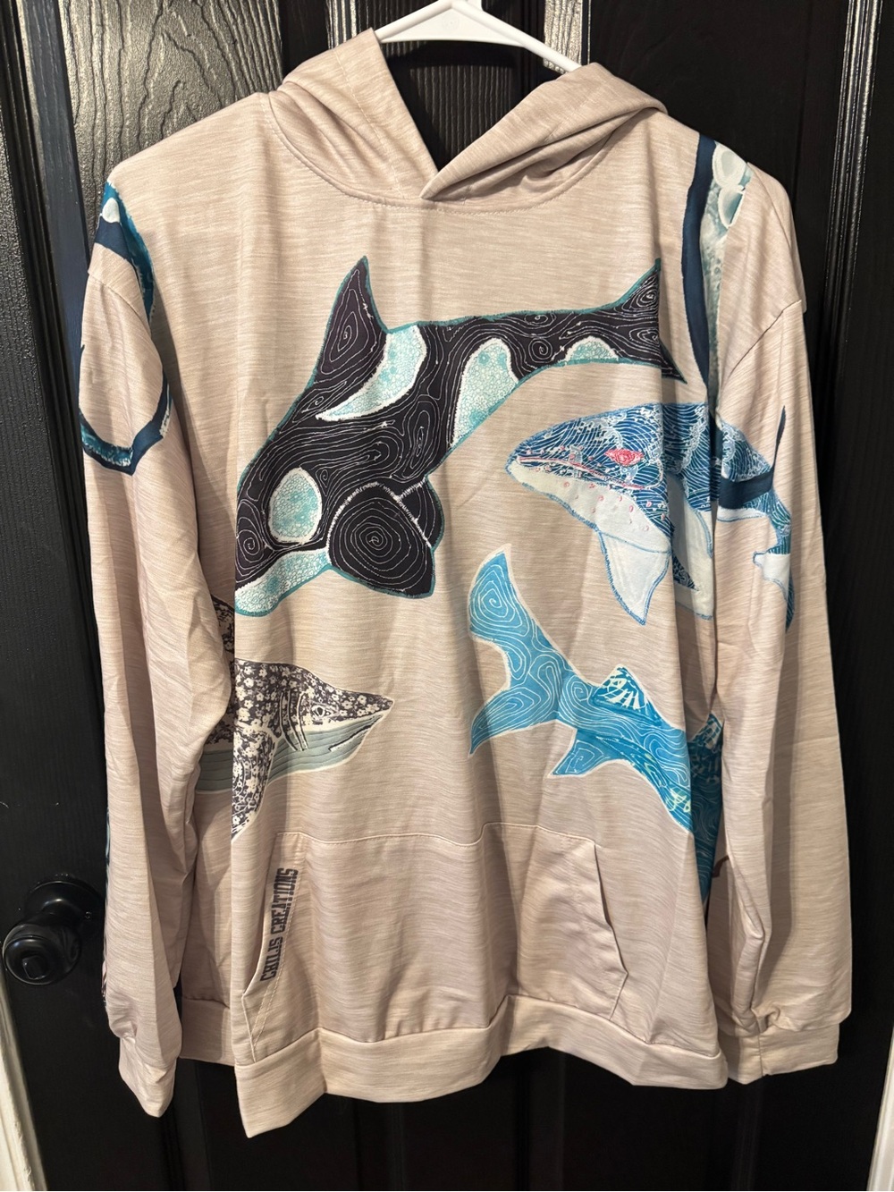 Beige Hoodie with Blue Whale Print
